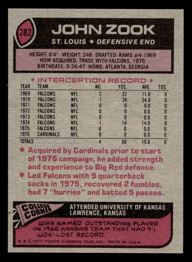 1977 Topps #282 John Zook Ex-Mint  ID: 502771