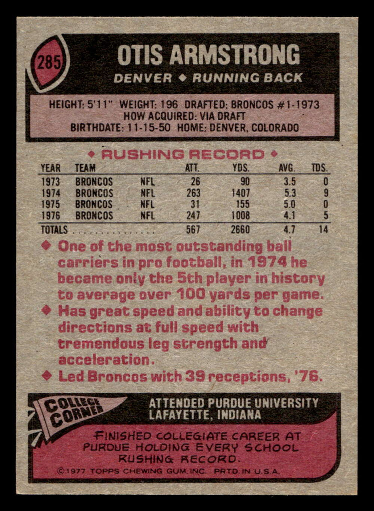 1977 Topps #285 Otis Armstrong Ex-Mint  ID: 502780