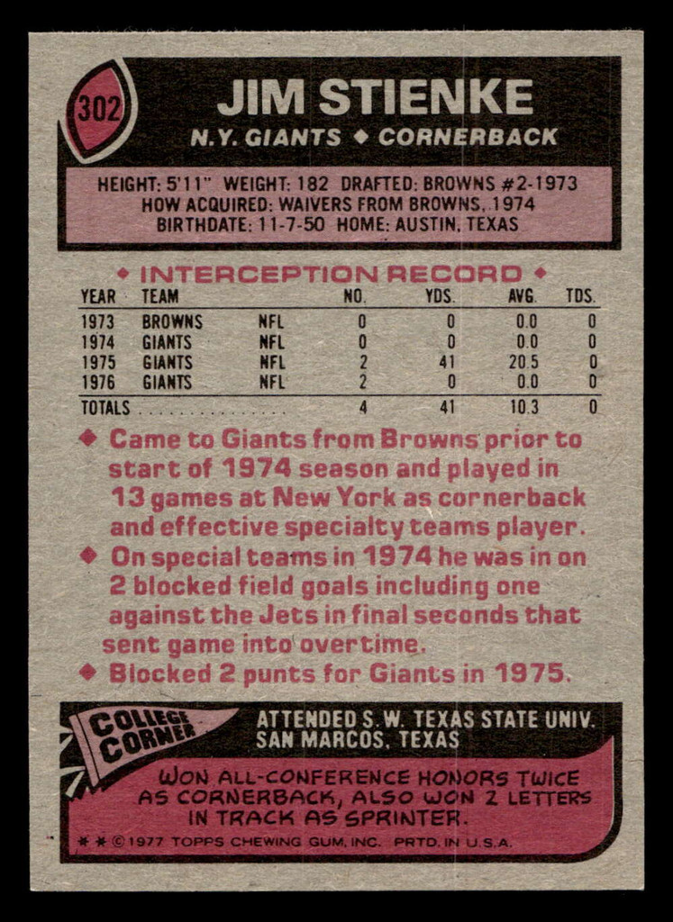 1977 Topps #302 Jim Stienke Near Mint  ID: 502845