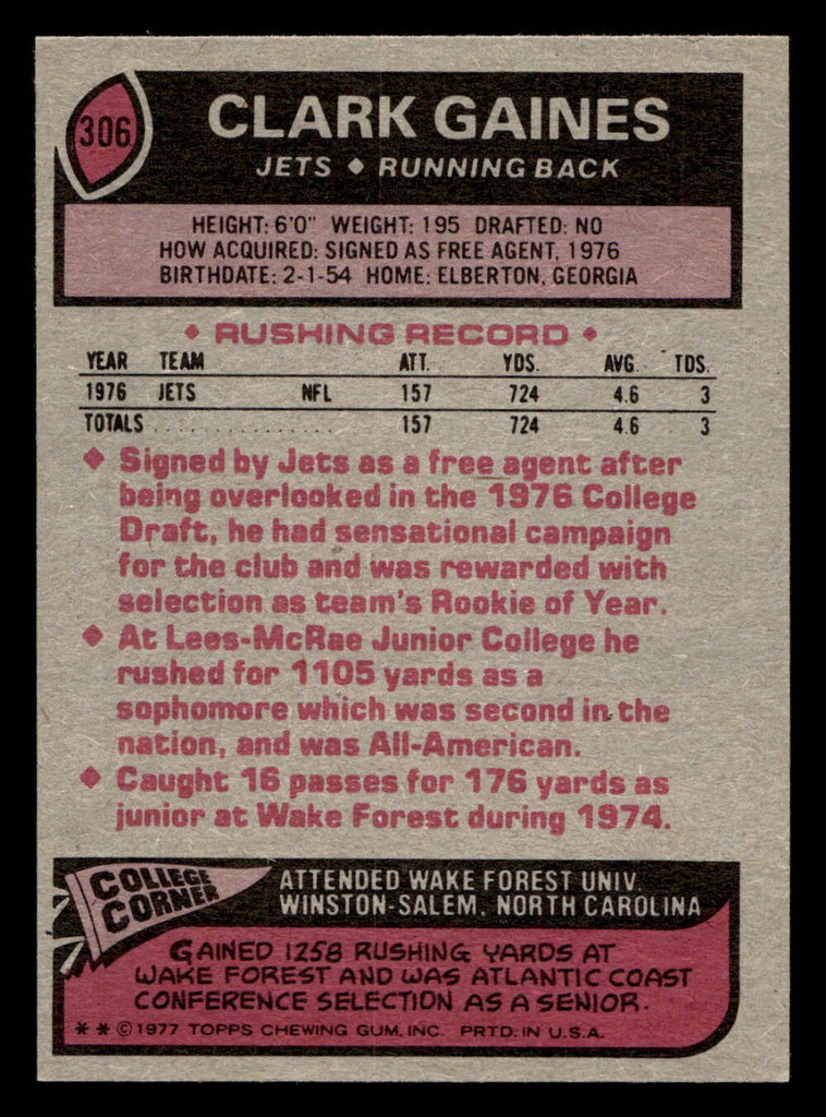 1977 Topps #306 Clark Gaines Near Mint  ID: 502856