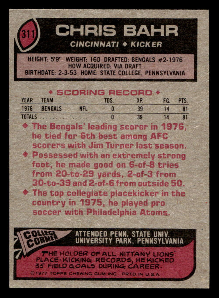 1977 Topps #311 Chris Bahr Ex-Mint RC Rookie  ID: 502874