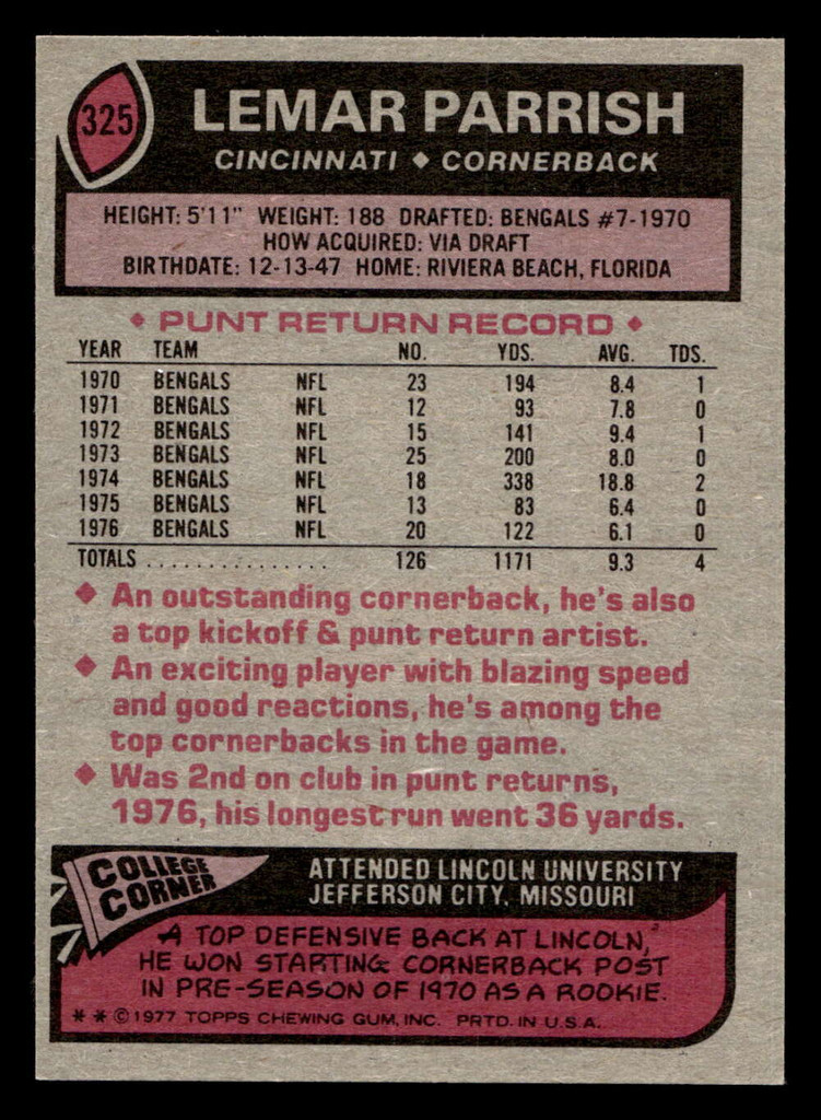 1977 Topps #325 Lemar Parrish Near Mint  ID: 502919