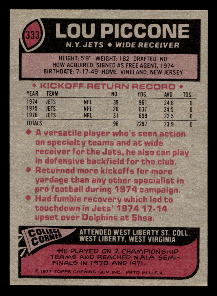 1977 Topps #333 Lou Piccone Ex-Mint  ID: 502945