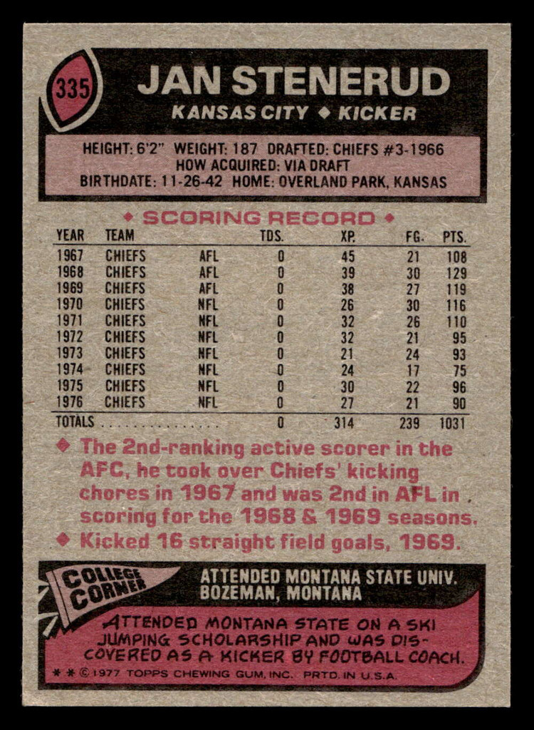 1977 Topps #335 Jan Stenerud Ex-Mint 