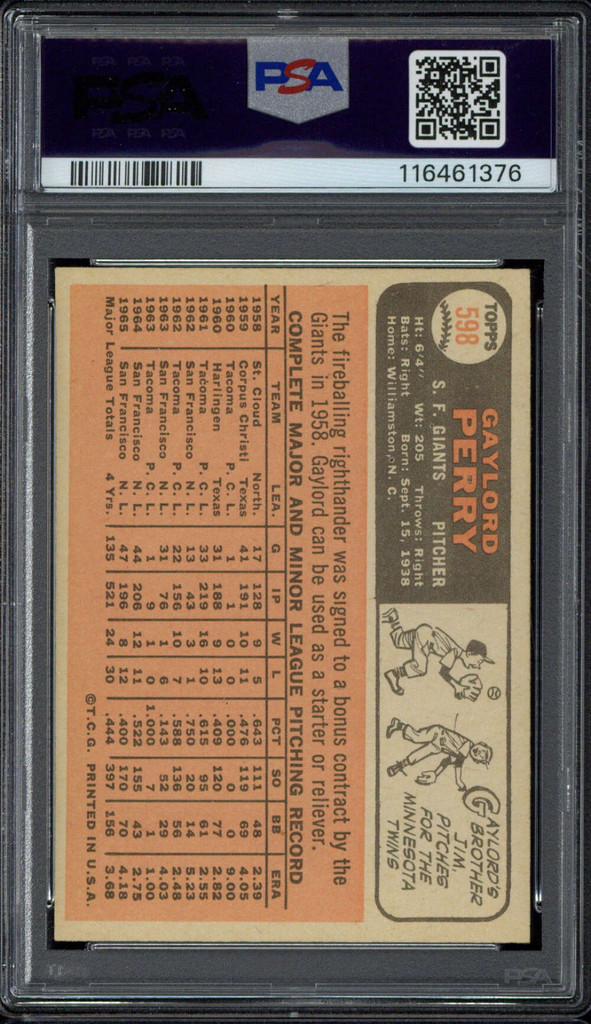 1966 Topps #598 Gaylord Perry Giants PSA 8 NM-Mint High Number