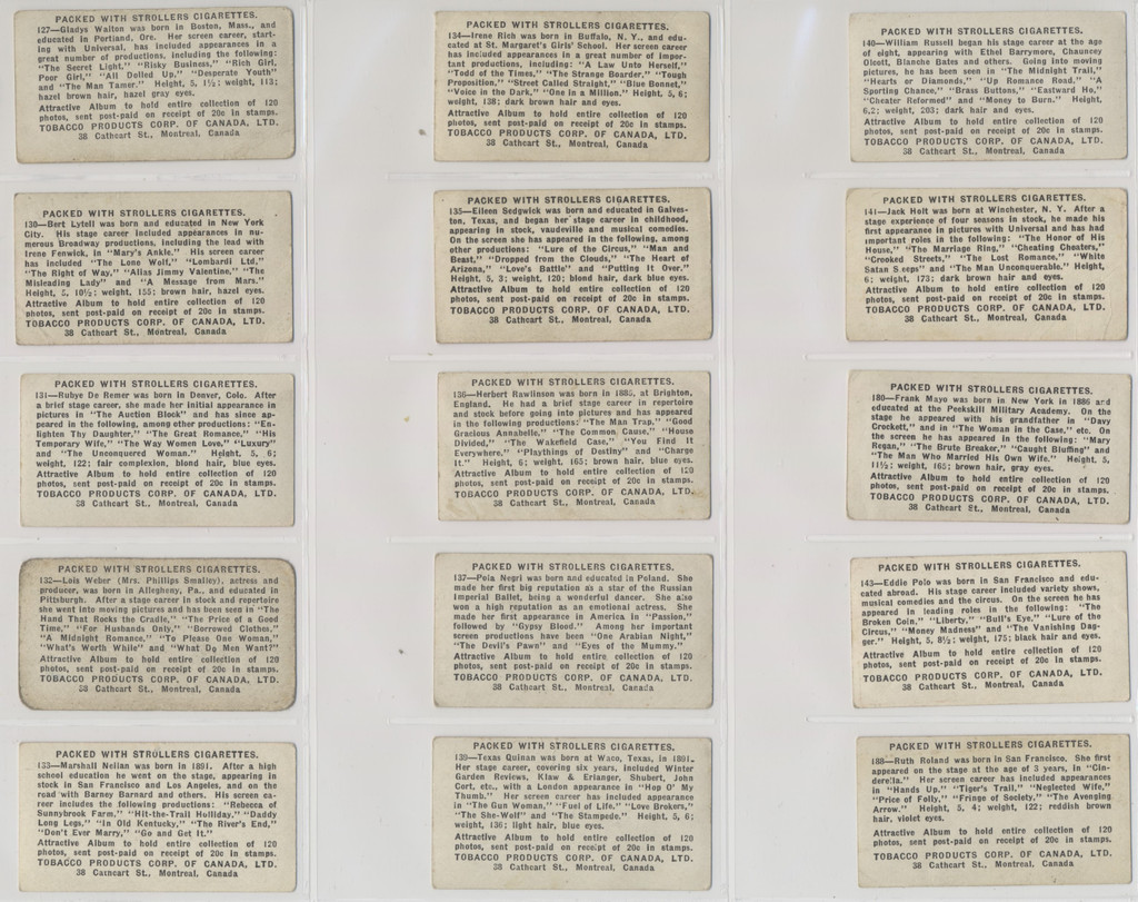 circ 1920's C142 Canada Strollers Cigarettes Movie Stars  Lot of 56  #*sku36995