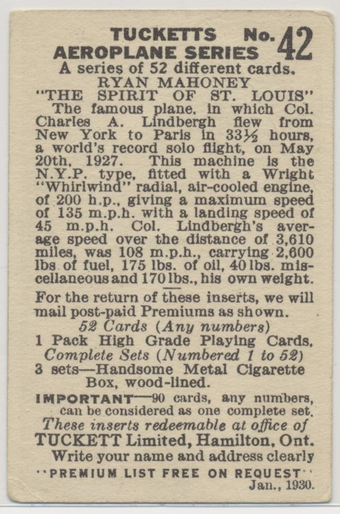 1930 C111 Canada Tucketts Aeroplane Series #42 Spirit of St. Louis  #*sku37015