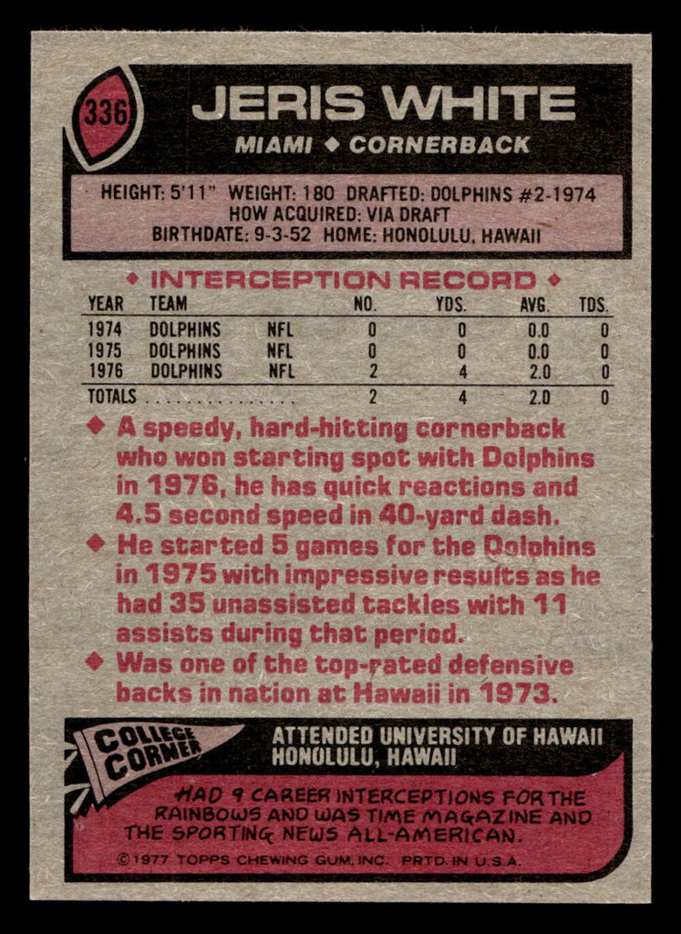 1977 Topps #336 Jeris White Near Mint  ID: 503203
