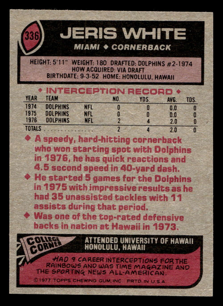 1977 Topps #336 Jeris White Near Mint  ID: 503206