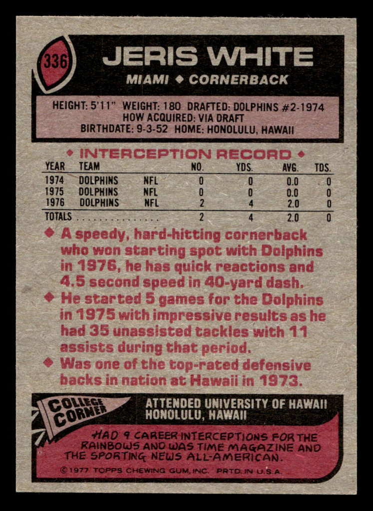 1977 Topps #336 Jeris White Near Mint+  ID: 503207
