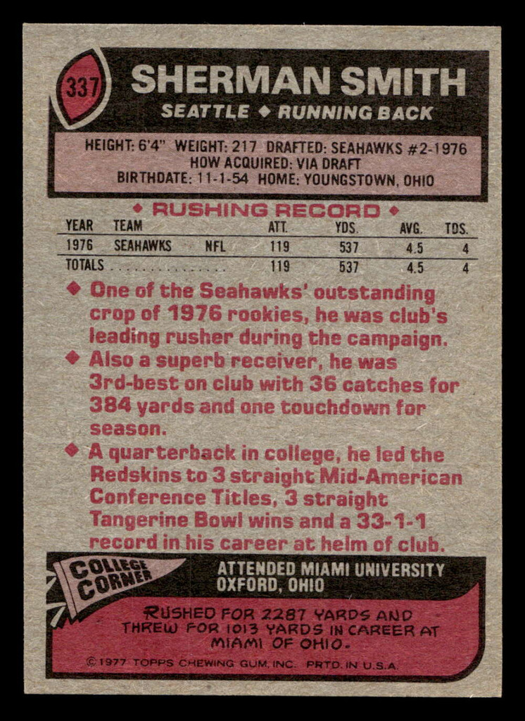 1977 Topps #337 Sherman Smith Near Mint RC Rookie  ID: 503209