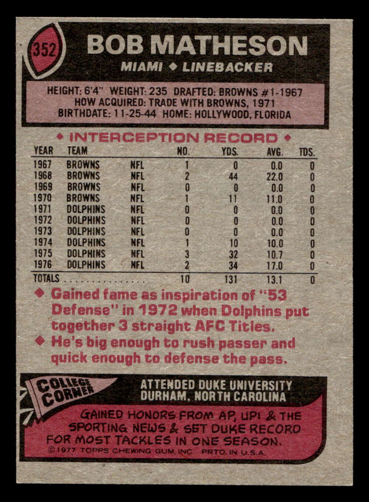 1977 Topps #352 Bob Matheson Ex-Mint 
