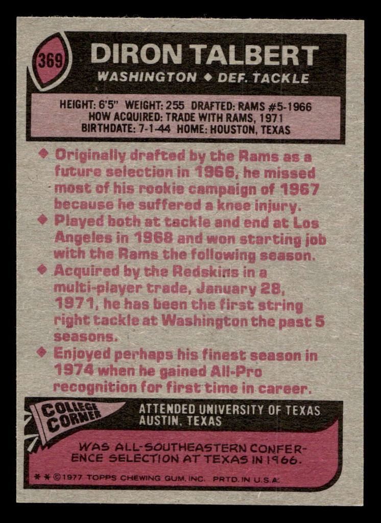1977 Topps #369 Diron Talbert Near Mint  ID: 503305