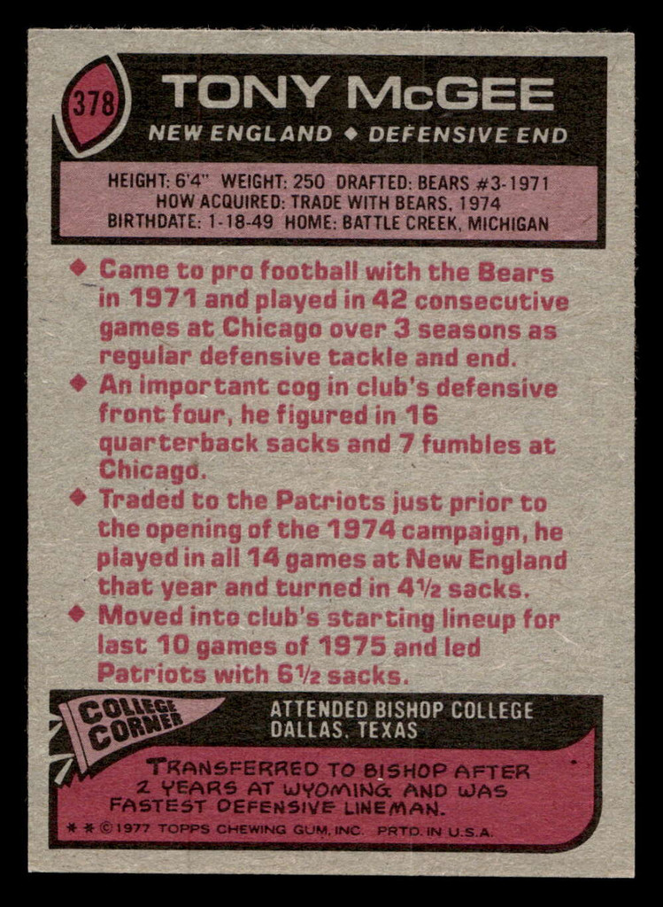 1977 Topps #378 Tony Mcgee Near Mint  ID: 503338