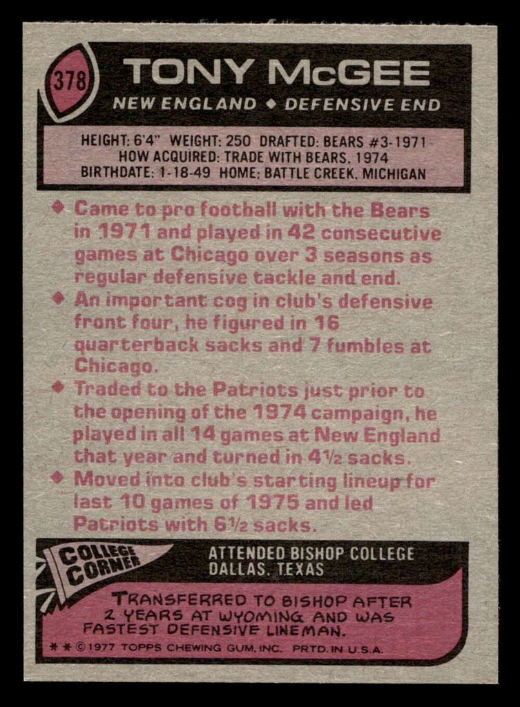 1977 Topps #378 Tony Mcgee Near Mint  ID: 503342