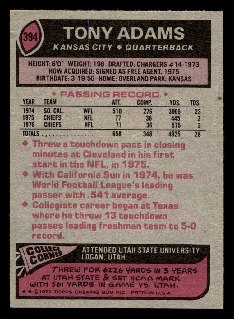 1977 Topps #394 Tony Adams Near Mint RC Rookie  ID: 503405