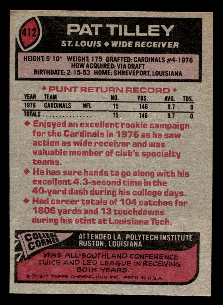 1977 Topps #412 Pat Tilley Very Good RC Rookie 