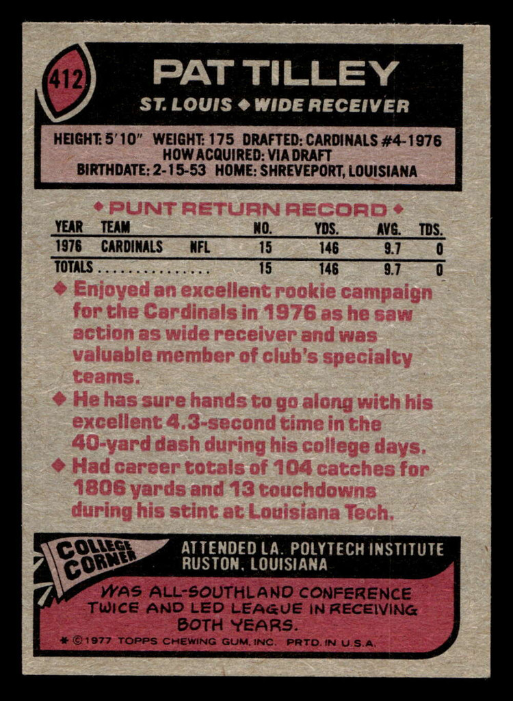 1977 Topps #412 Pat Tilley Ex-Mint RC Rookie 