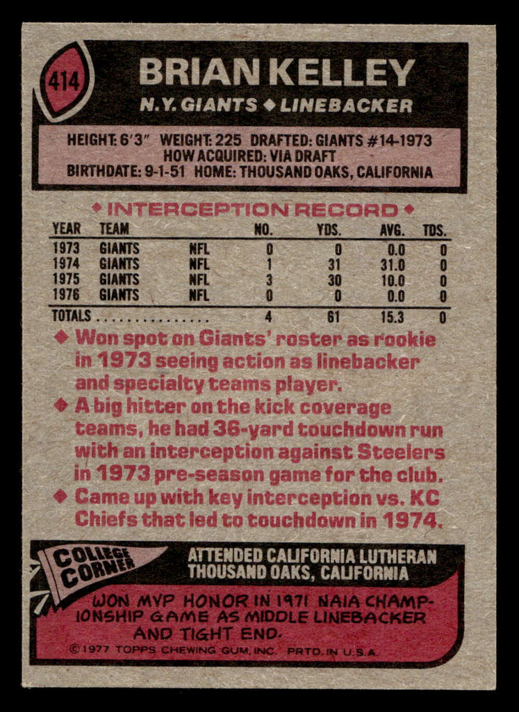 1977 Topps #414 Brian Kelley Ex-Mint 