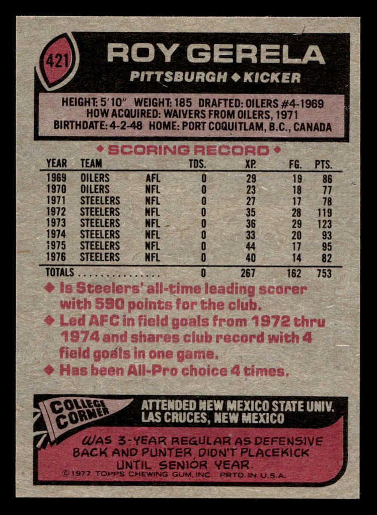 1977 Topps #421 Roy Gerela Near Mint 