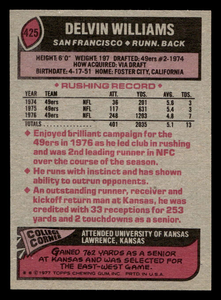 1977 Topps #425 Delvin Williams Near Mint RC Rookie  ID: 503523