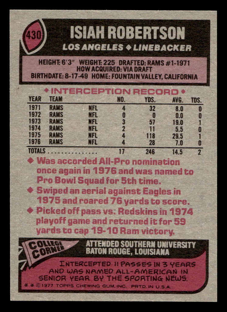 1977 Topps #430 Isiah Robertson AP Ex-Mint  ID: 503525