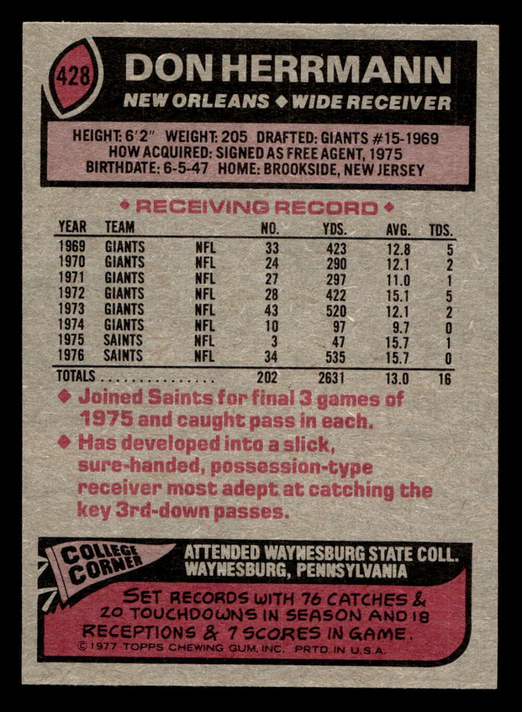 1977 Topps #428 Don Herrmann Near Mint  ID: 503542