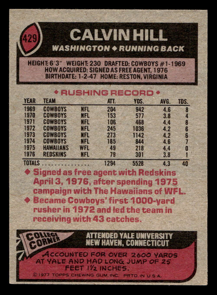 1977 Topps #429 Calvin Hill Ex-Mint  ID: 503544