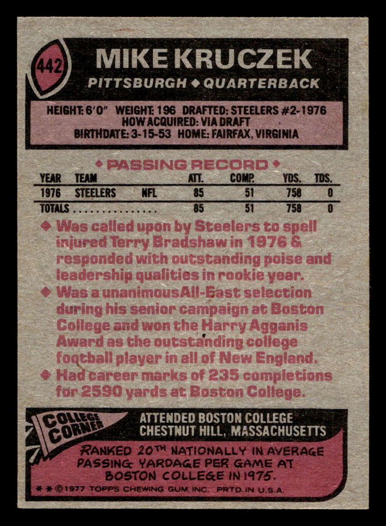 1977 Topps #442 Mike Kruczek Ex-Mint RC Rookie 