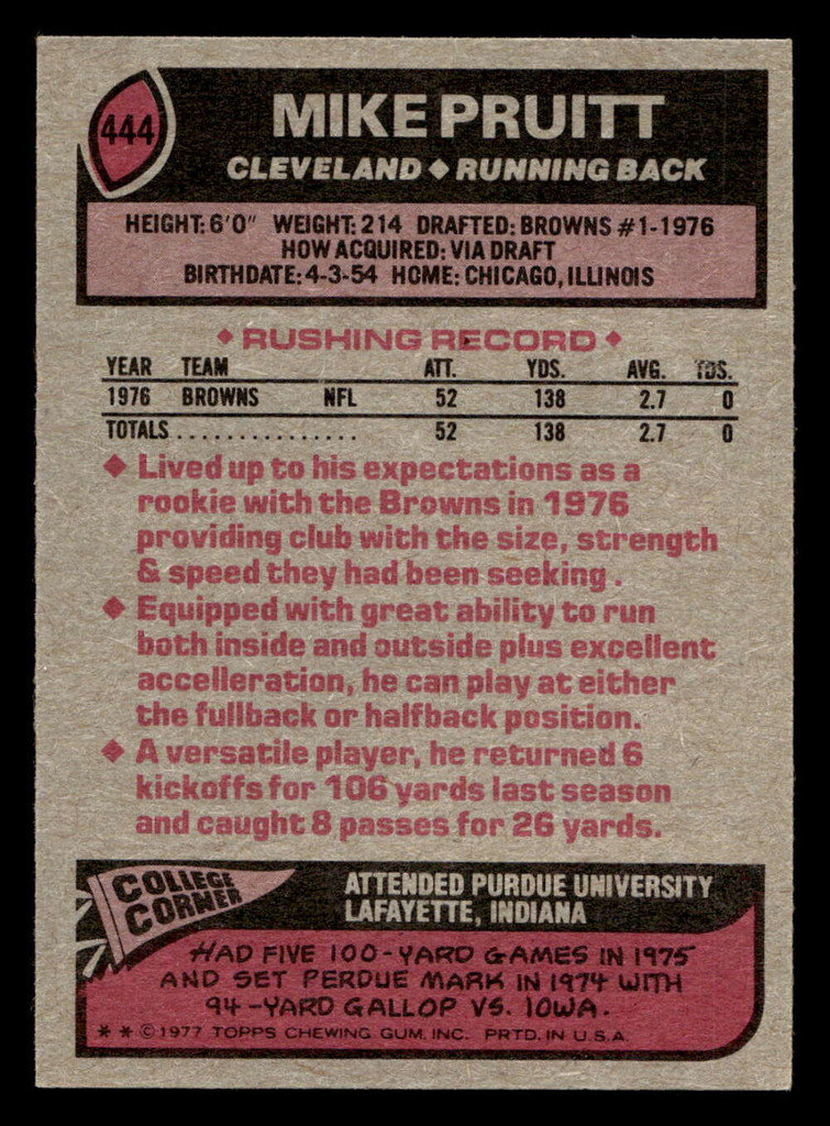 1977 Topps #444 Mike Pruitt Near Mint RC Rookie  ID: 503603