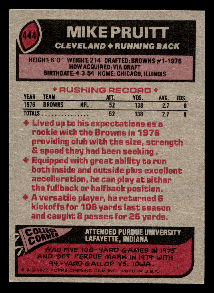 1977 Topps #444 Mike Pruitt Near Mint RC Rookie  ID: 503605