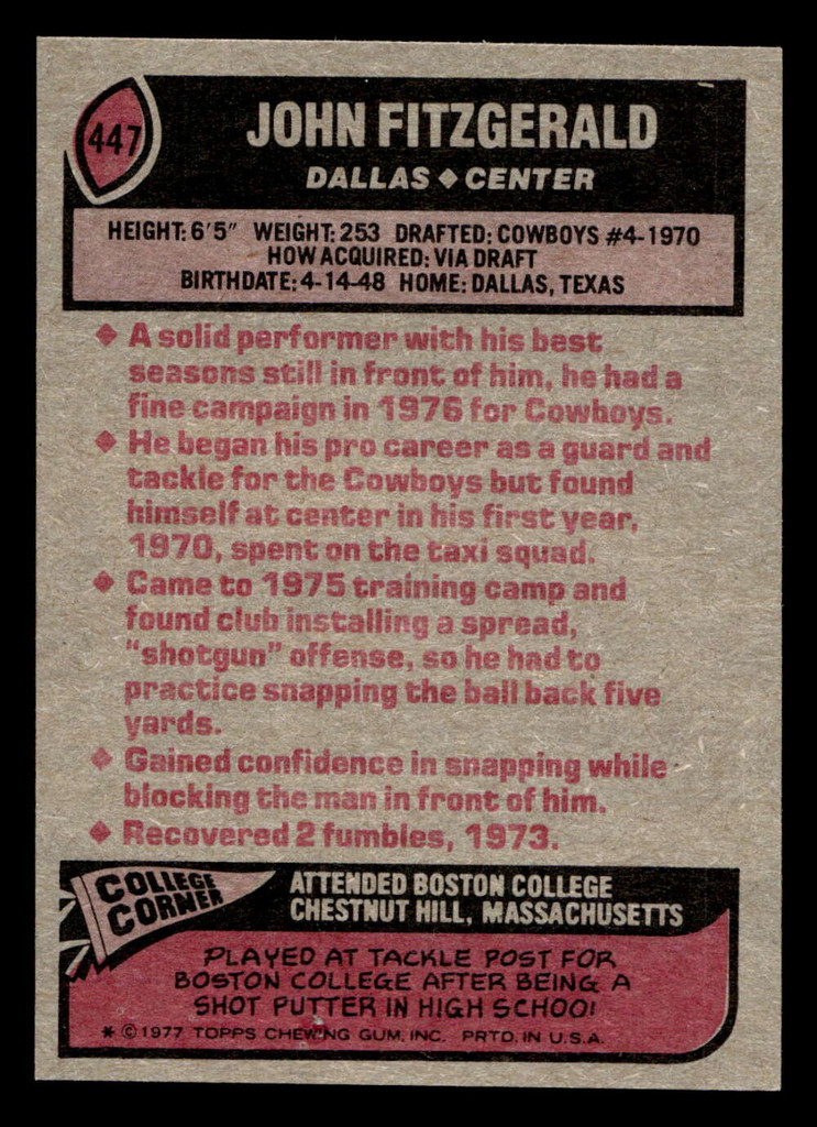 1977 Topps #447 John Fitzgerald Near Mint  ID: 503614