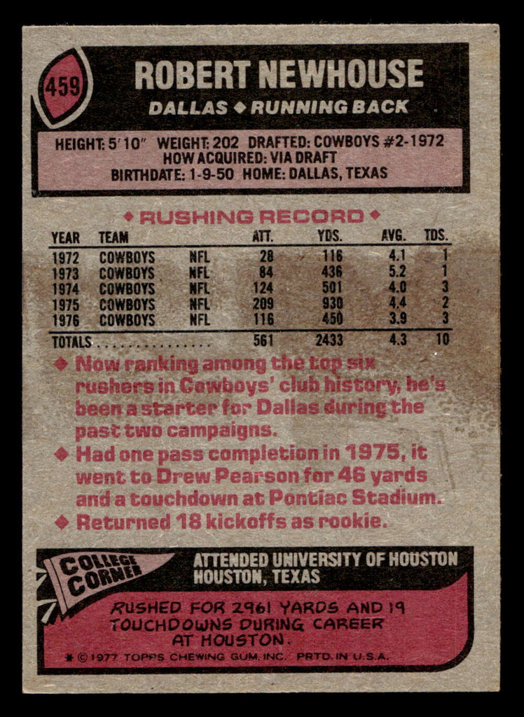 1977 Topps #459 Robert Newhouse Ex-Mint  ID: 503662