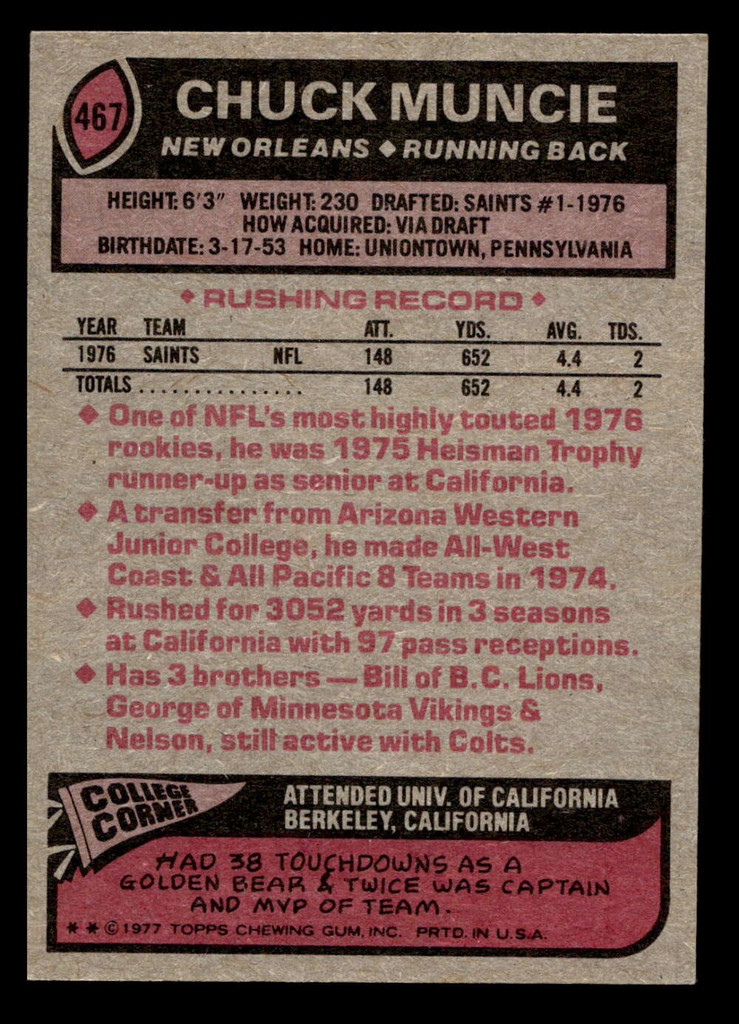 1977 Topps #467 Chuck Muncie Ex-Mint RC Rookie 