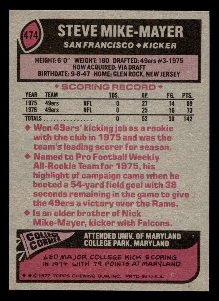 1977 Topps #474 Steve Mike-Mayer Near Mint  ID: 503719