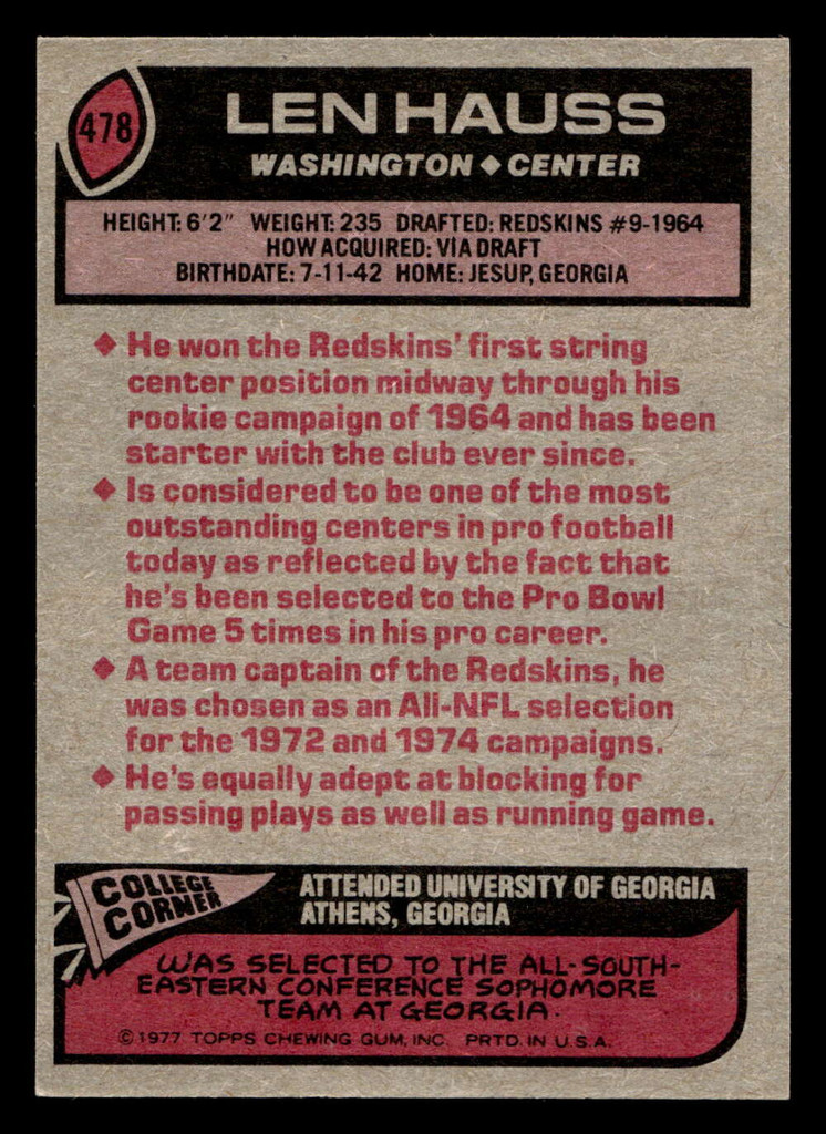 1977 Topps #478 Len Hauss Ex-Mint  ID: 503734