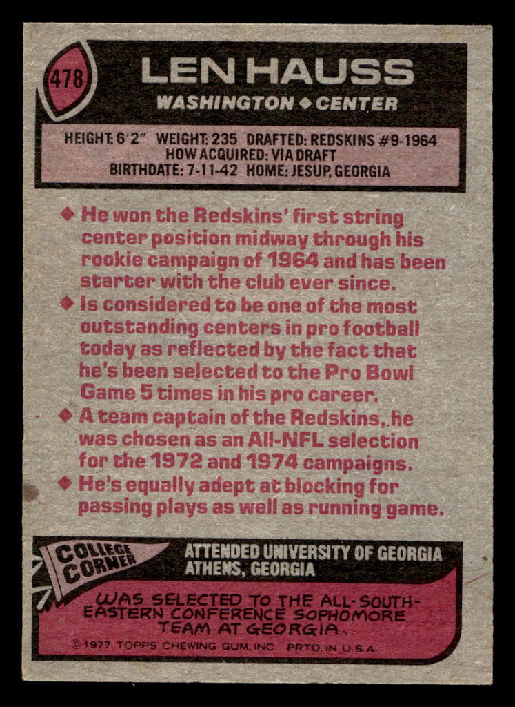 1977 Topps #478 Len Hauss Ex-Mint  ID: 503735