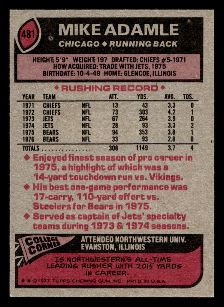 1977 Topps #481 Mike Adamle Ex-Mint  ID: 503742