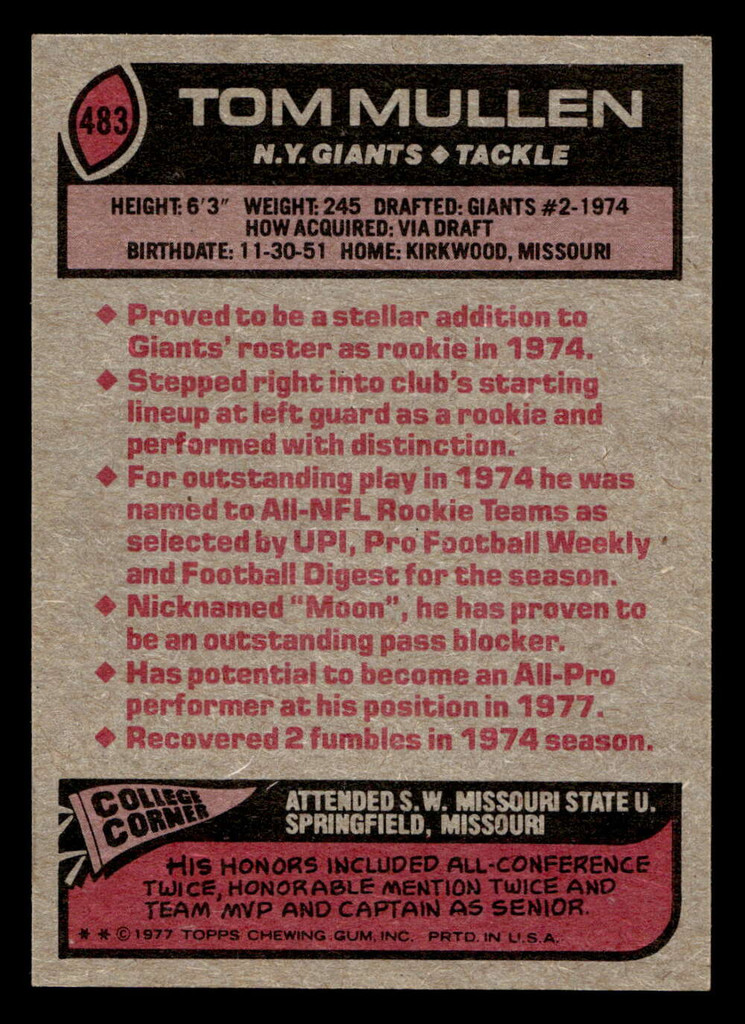 1977 Topps #483 Tom Mullen Near Mint  ID: 503752