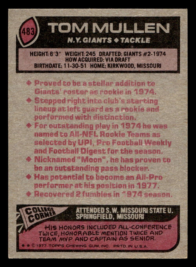 1977 Topps #483 Tom Mullen Ex-Mint 