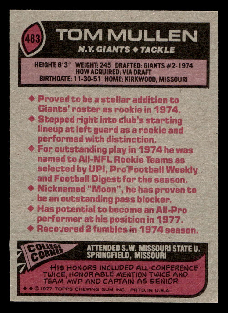 1977 Topps #483 Tom Mullen Near Mint  ID: 503754