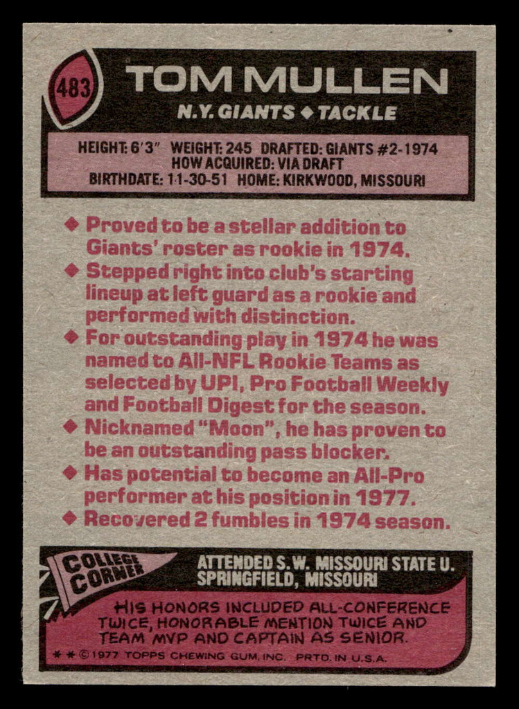 1977 Topps #483 Tom Mullen Near Mint  ID: 503756