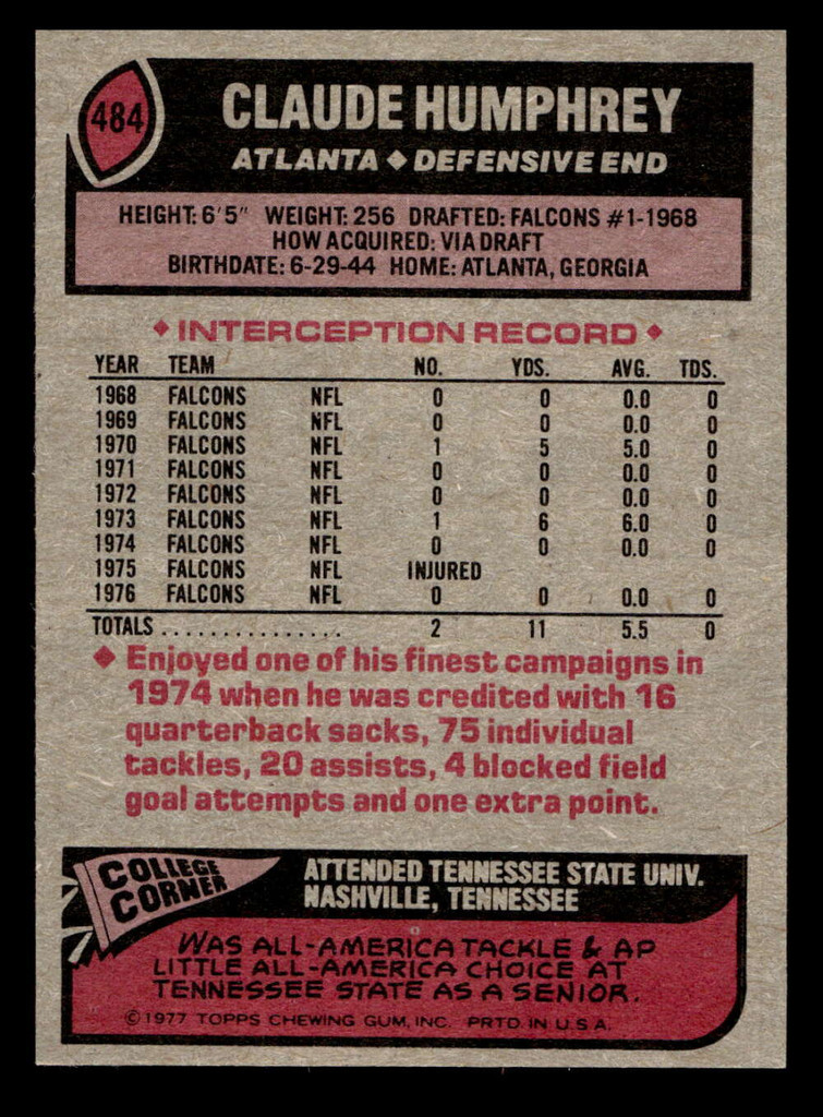 1977 Topps #484 Claude Humphrey Near Mint+  ID: 503758