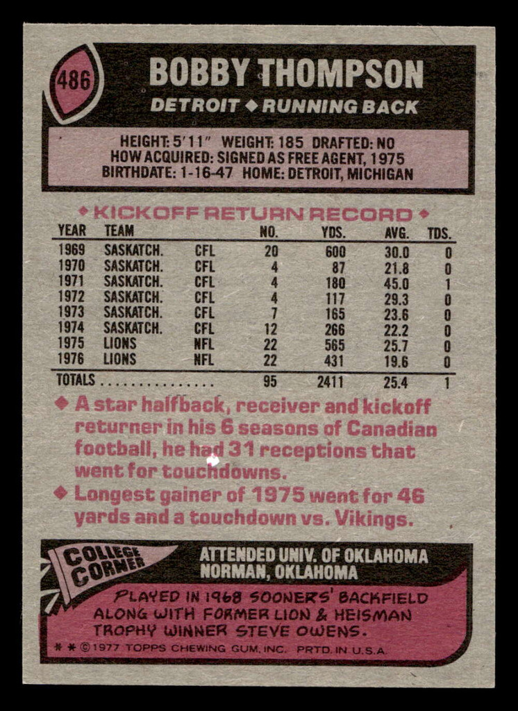 1977 Topps #486 Bobby Thompson Near Mint  ID: 503766