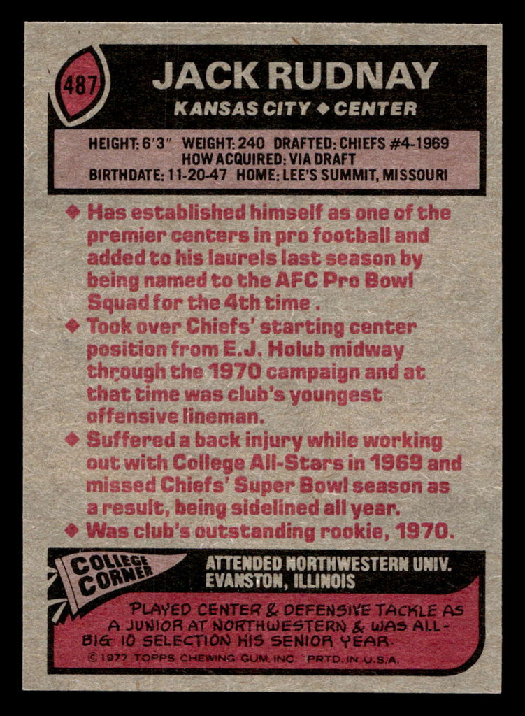 1977 Topps #487 Jack Rudnay Near Mint  ID: 503771