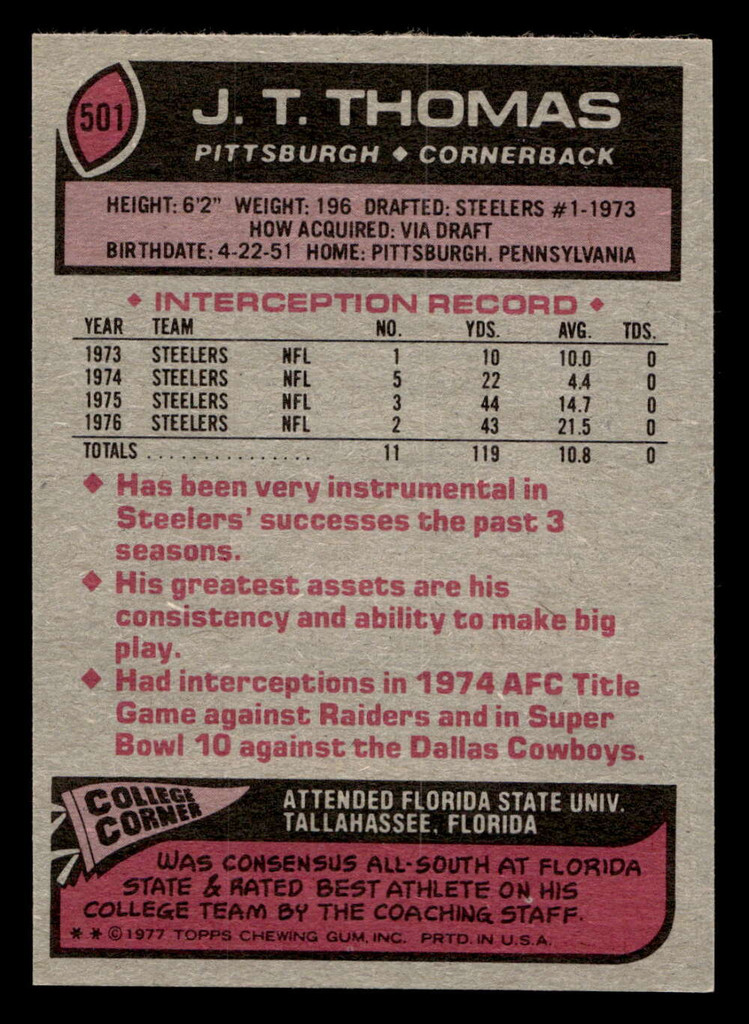 1977 Topps #501 J.T. Thomas Near Mint  ID: 503824