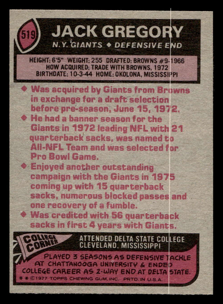 1977 Topps #519 Jack Gregory Near Mint  ID: 503900