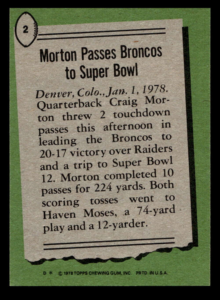 1978 Topps #2 Craig Morton HL Near Mint  ID: 503944