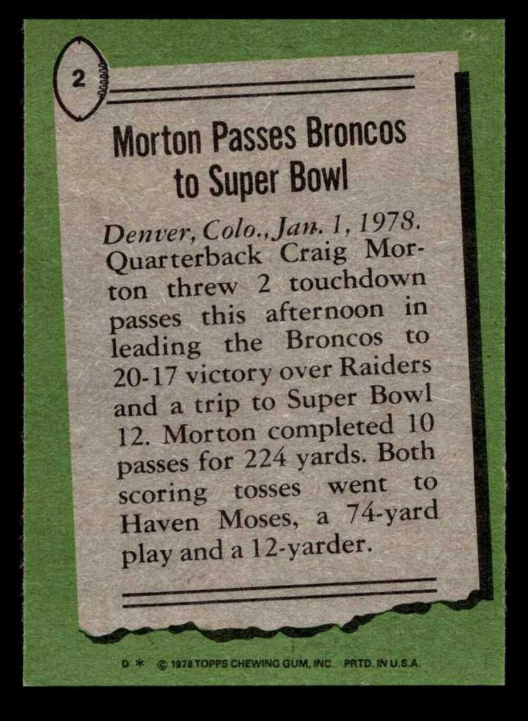 1978 Topps #2 Craig Morton HL Near Mint  ID: 503947