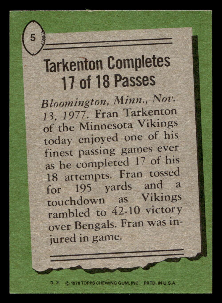 1978 Topps #5 Fran Tarkenton HL Excellent+  ID: 503958